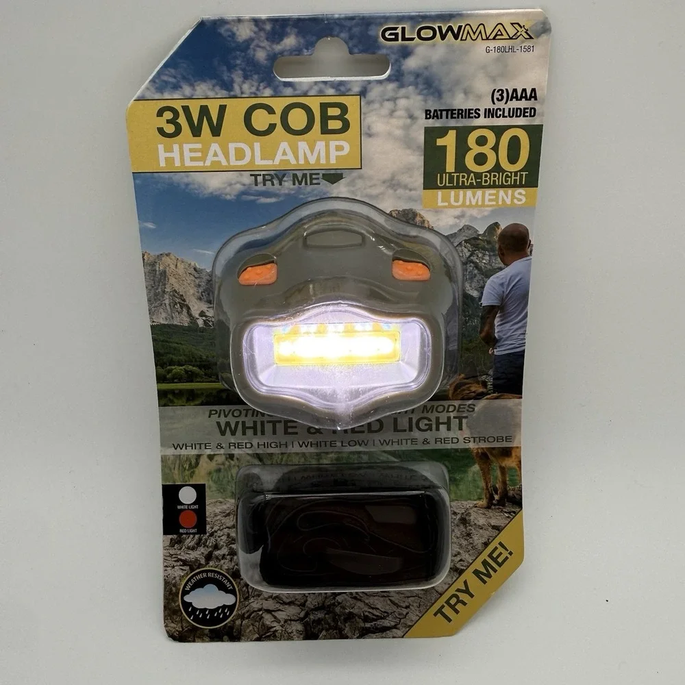 GlowMax 3W COB LED Headlamp 180 lm White/Red Modes IP44, 3x AAA Included